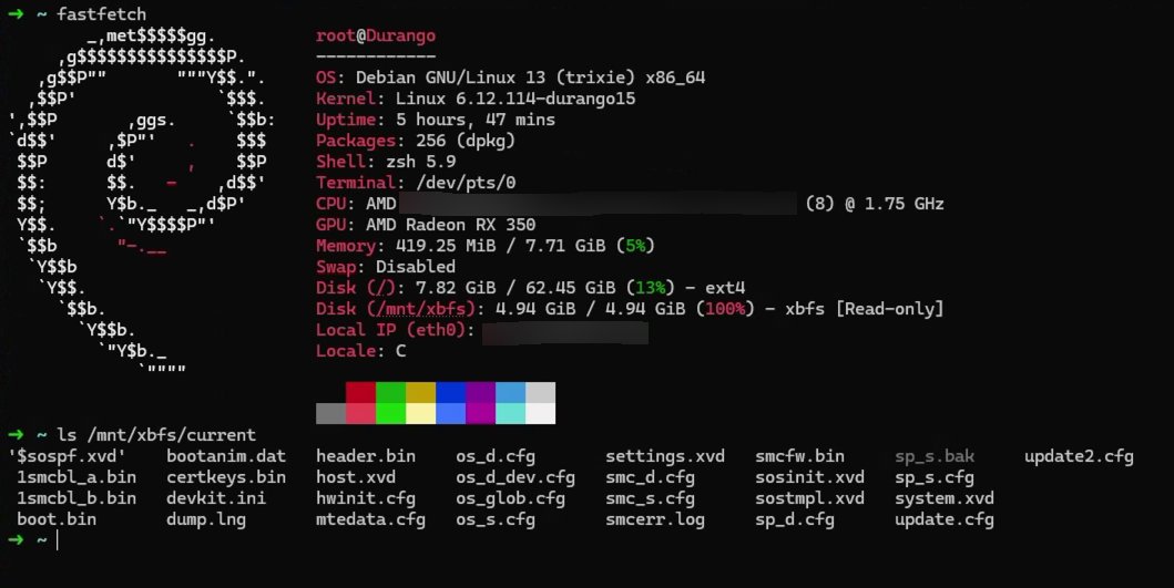 Linux 运行状态:fastfetch 系统信息,以及只读挂载的 XBFS 分区目录。